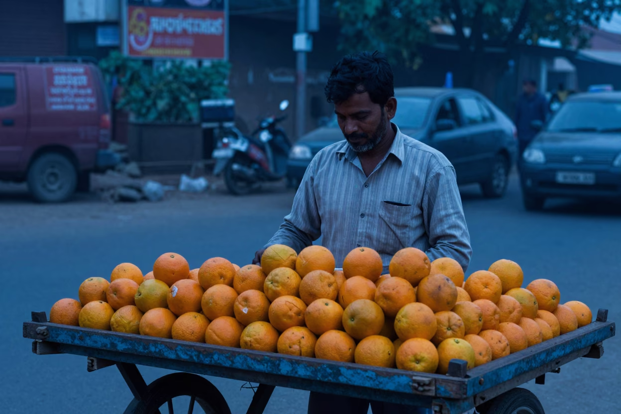 Delhi street vendor selling fresh oranges before sunrise in India in in Delhi, India