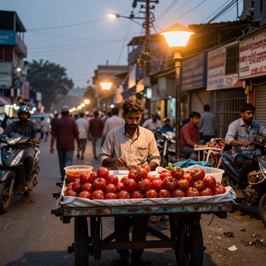 Delhi street vendor selling fresh tomatoes under sodium street lights at dusk in in Delhi, India