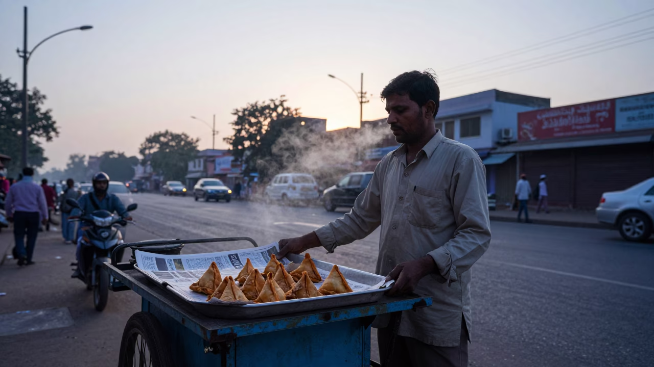 Delhi street vendor selling samosas before sunrise in 1970s India in in Delhi, India