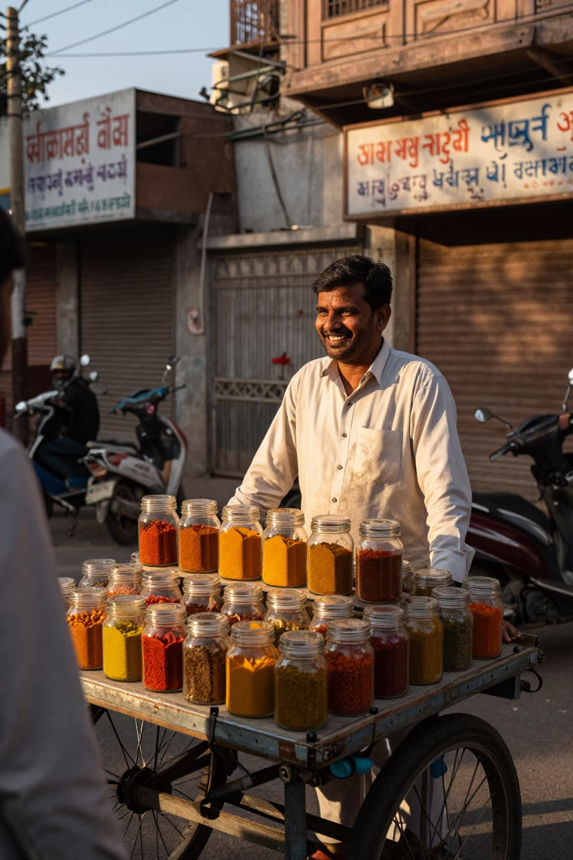 Delhi street vendor selling spice jars under golden hour sunlight in in Delhi, India