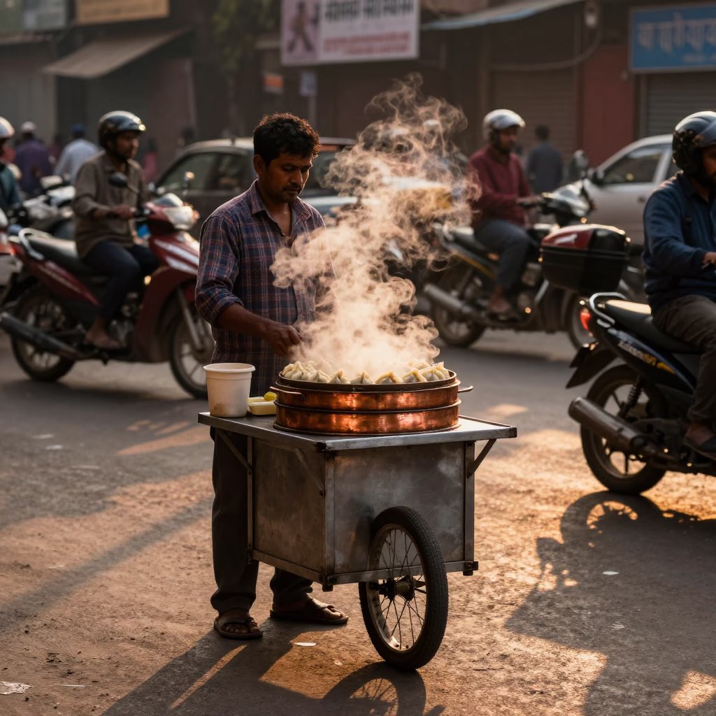Delhi Street Vendor Selling Steaming Dumplings in Copper Toned Evening Light Before Dusk in in Delhi, India