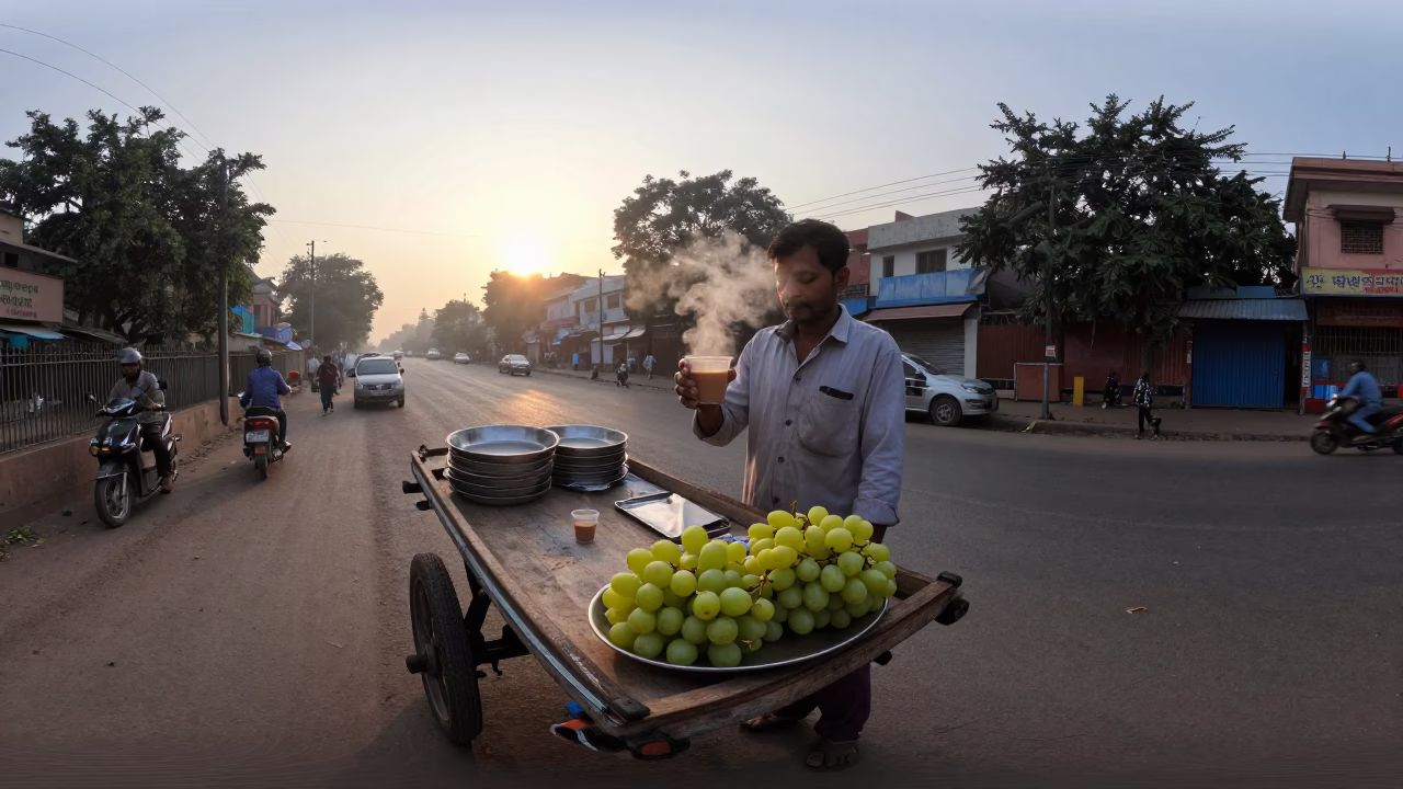 Delhi street vendor serving chai and grapes before dawn in India in in Delhi, India