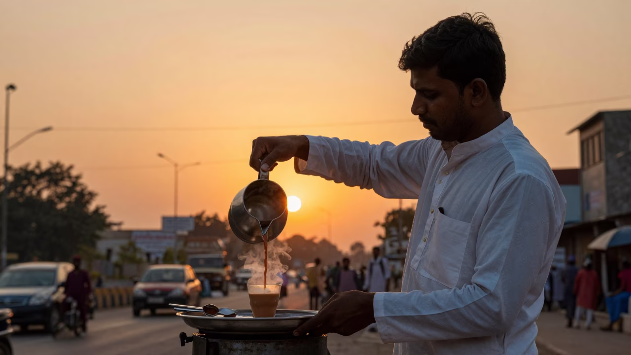 Delhi Street Vendor Serving Chai at Sunset with Cardamom Steam Rising in in Delhi, India