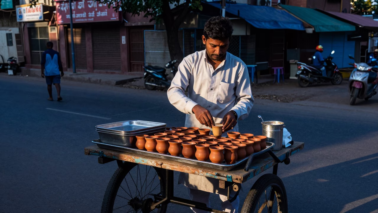 Delhi street vendor serving chai on tea tray before sunrise in India in in Delhi, India