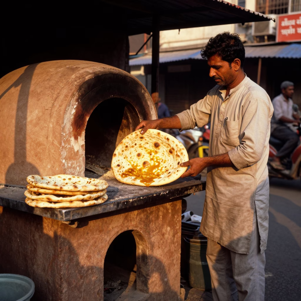 Delhi Street Vendor Serving Fresh Tandoori Naan in Golden Evening Light in in Delhi, India