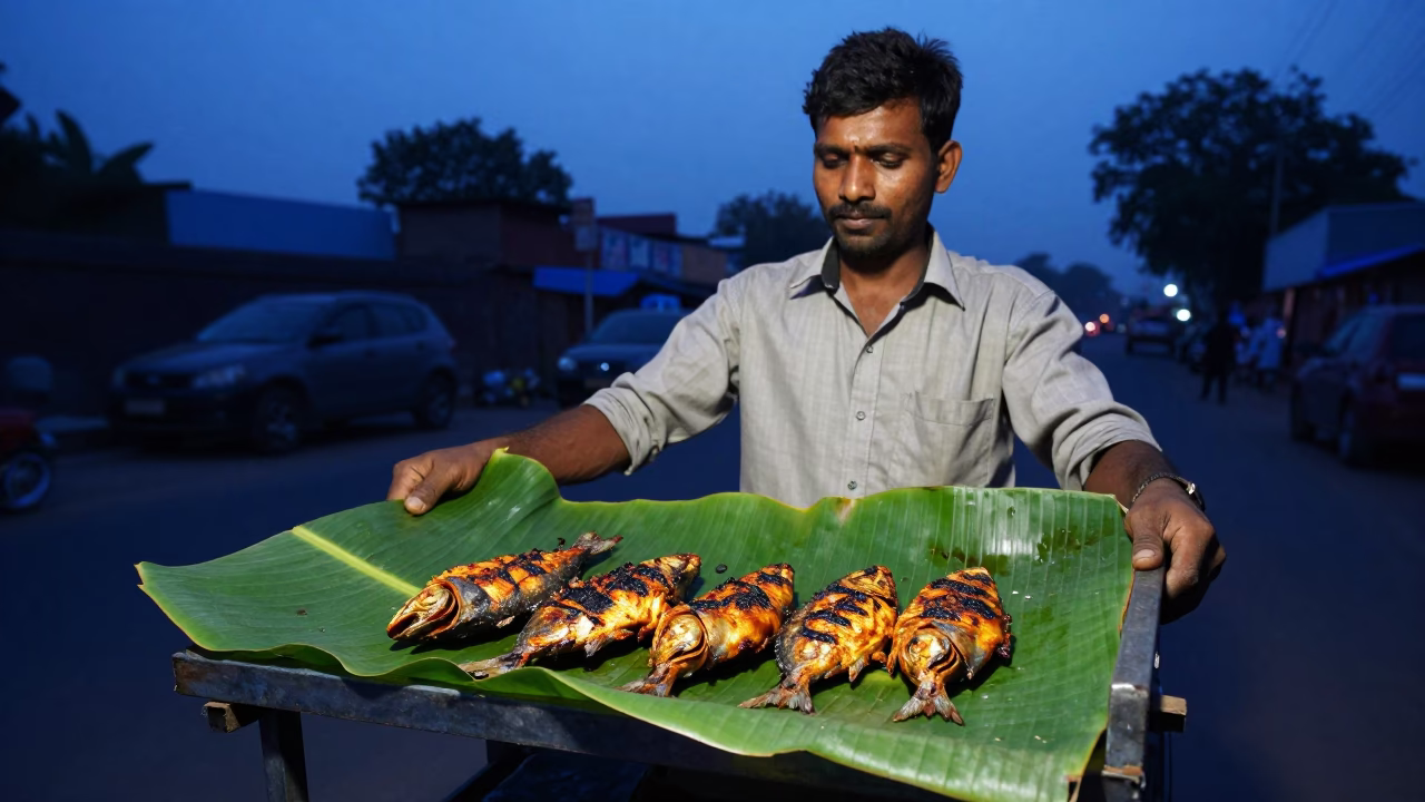 Delhi street vendor serving grilled fish on banana leaf under indigo twilight in in Delhi, India
