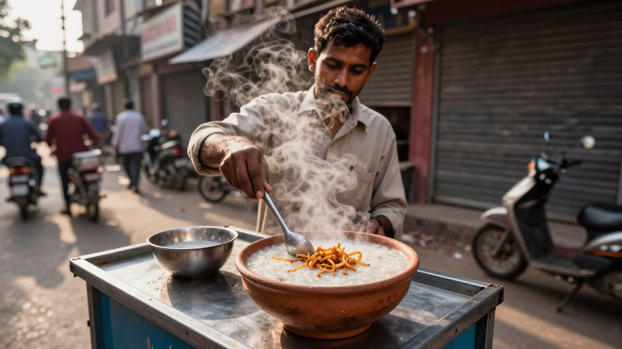 Delhi Street Vendor Serving Hot Congee With Crispy Shallots In Late Afternoon Light in in Delhi, India