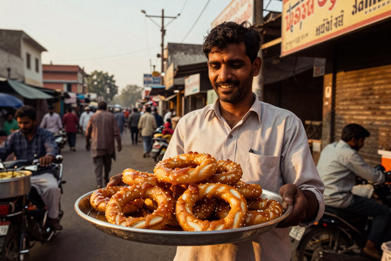 Delhi Street Vendor Serving Hot Mandazi in Golden Evening Light in in Delhi, India