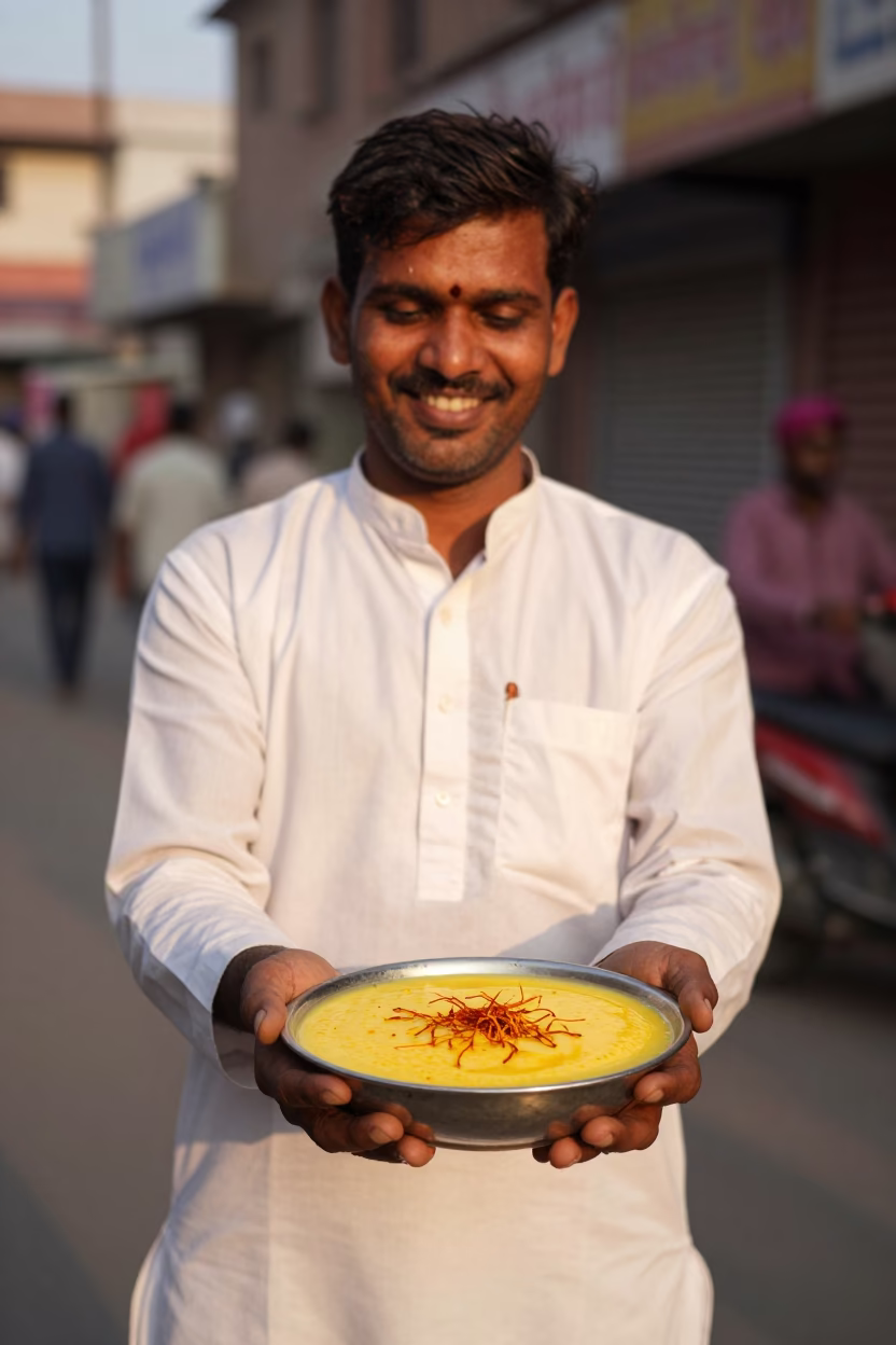 Delhi Street Vendor Serving Kheer Saffron Pudding in Honeyed Evening Light in in Delhi, India