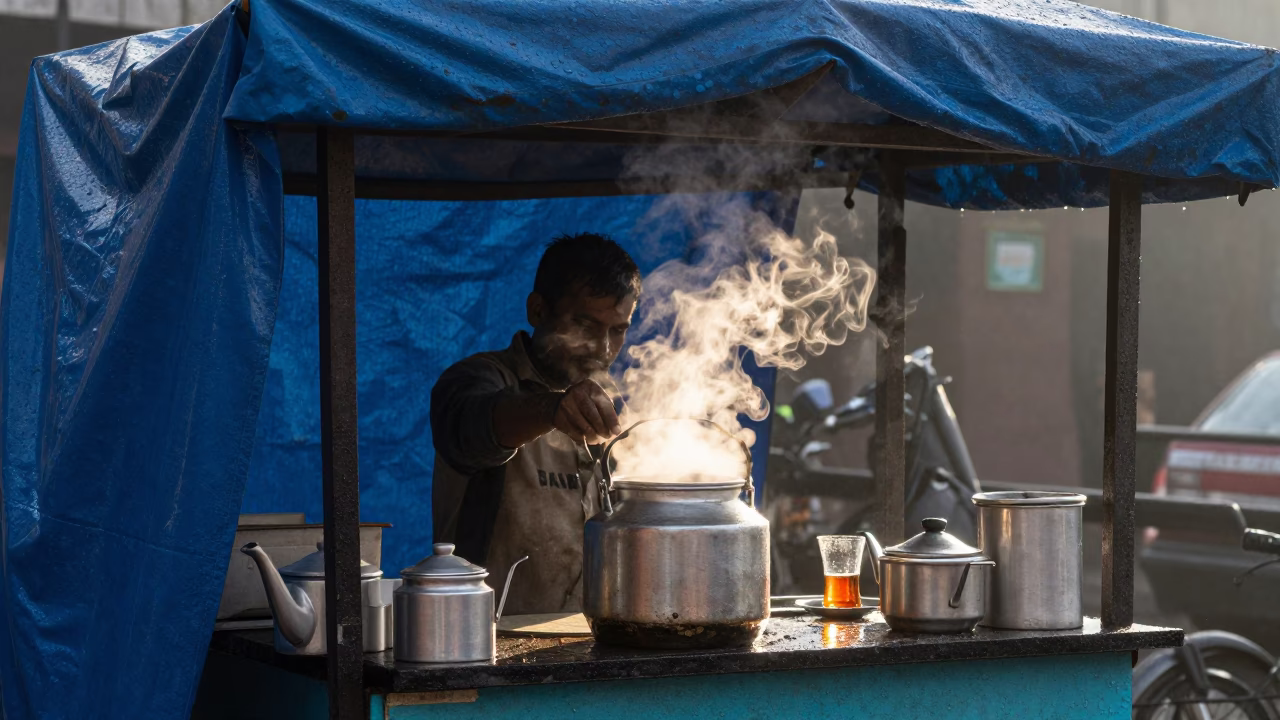 Delhi street vendor serving tea in wet morning light with rain puddles in in Delhi, India