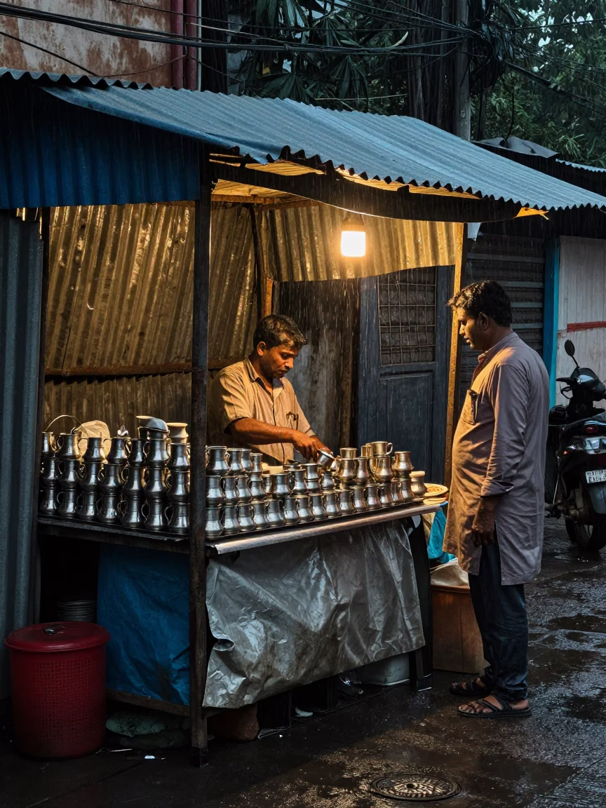 Delhi street vendor sheltering tea wares from light rain at dusk in in Delhi, India