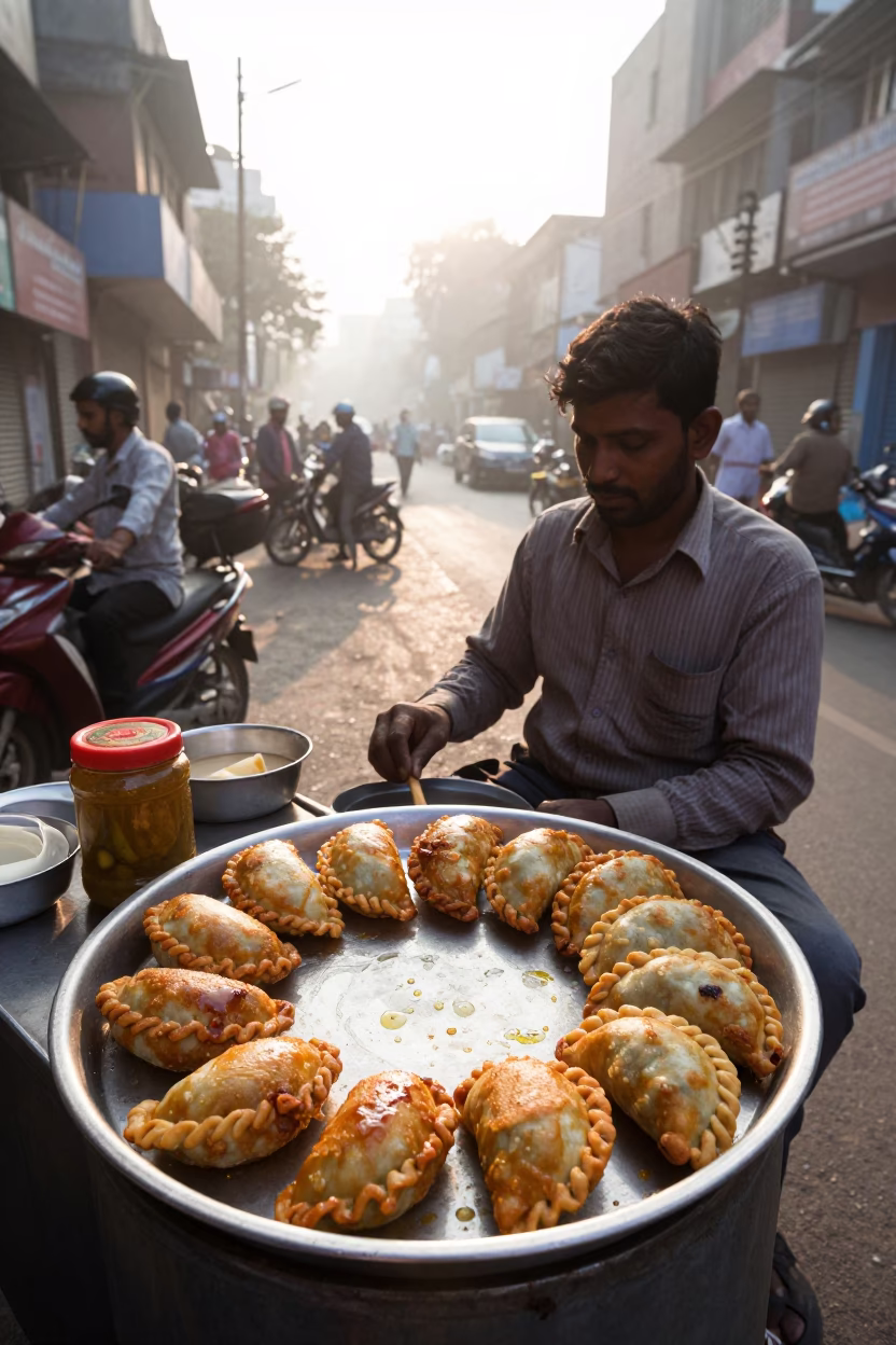 Delhi Street Vendor Sunrise Morning with Pickle Jar and Tray in in Delhi, India