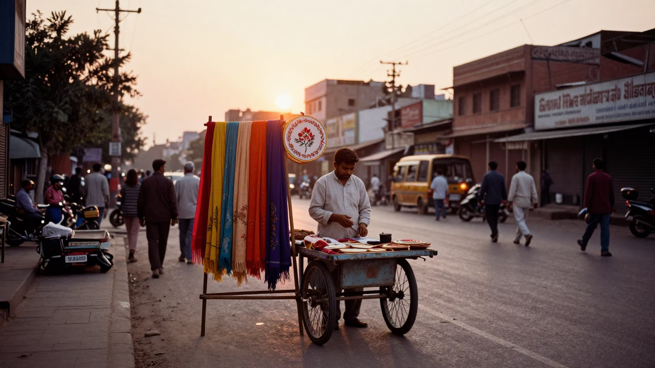 Delhi Street Vendor Sunset Scene with Embroidery Hoops and Wool Scarves in in Delhi, India