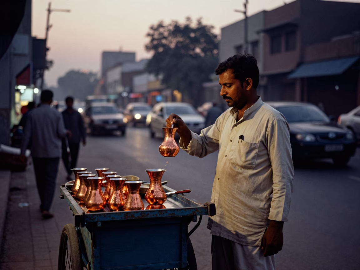 Delhi Street Vendor Twilight Scene with Copper Cezve and Market Activity in in Delhi, India