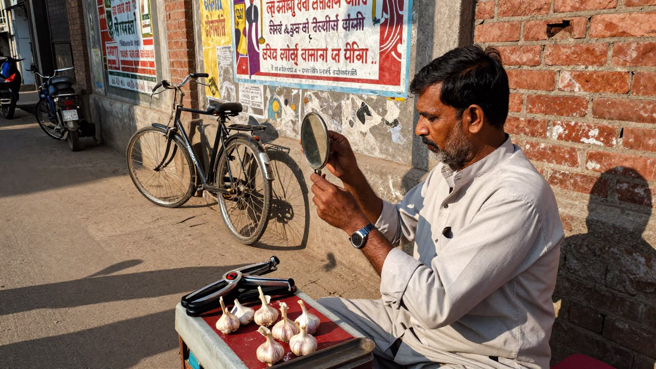 Delhi street vendor using hand mirror and garlic press in late afternoon light in in Delhi, India