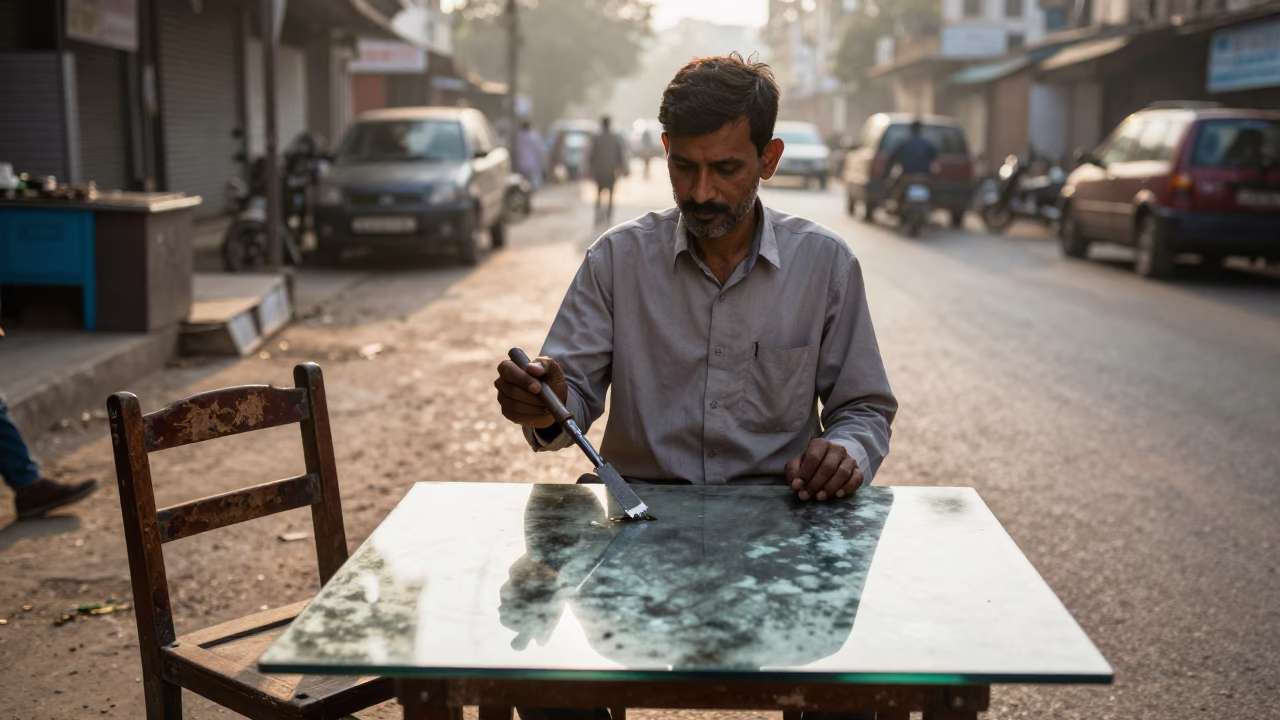 Delhi Street Vendor with Chisel and Glass Table Under Morning Sun in in Delhi, India