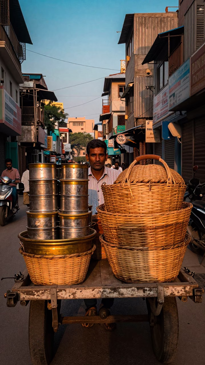 Delhi Street Vendor with Woven Baskets and Storage Tins at Sunset in in Delhi, India