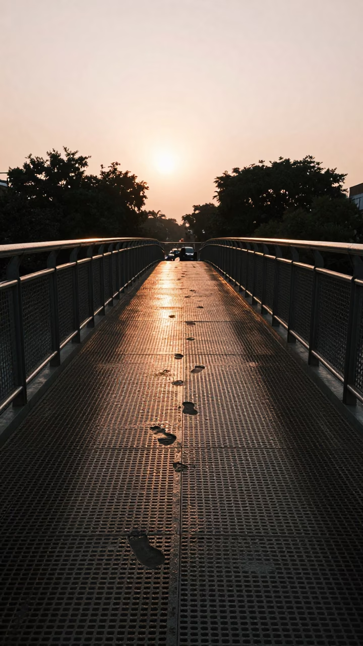 Delhi Sunset Pedestrian Overpass with Wet Footprints and Urban Skyline in in Delhi, India