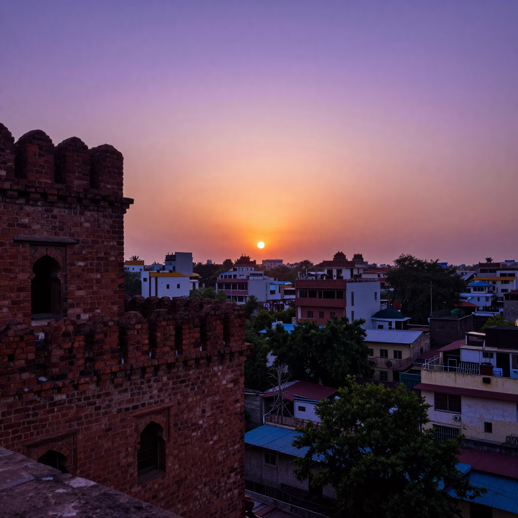 Delhi Sunset Skyline Over Old City Brick Architecture and Traffic in in Delhi, India