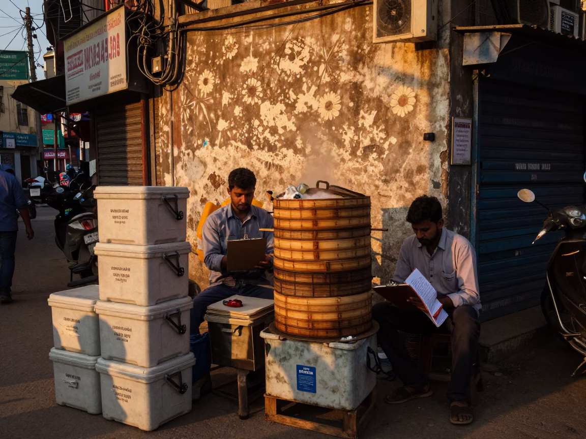 Delhi Sunset Street Scene with Bamboo Steamer and Cold Chain Logistics Crates in in Delhi, India