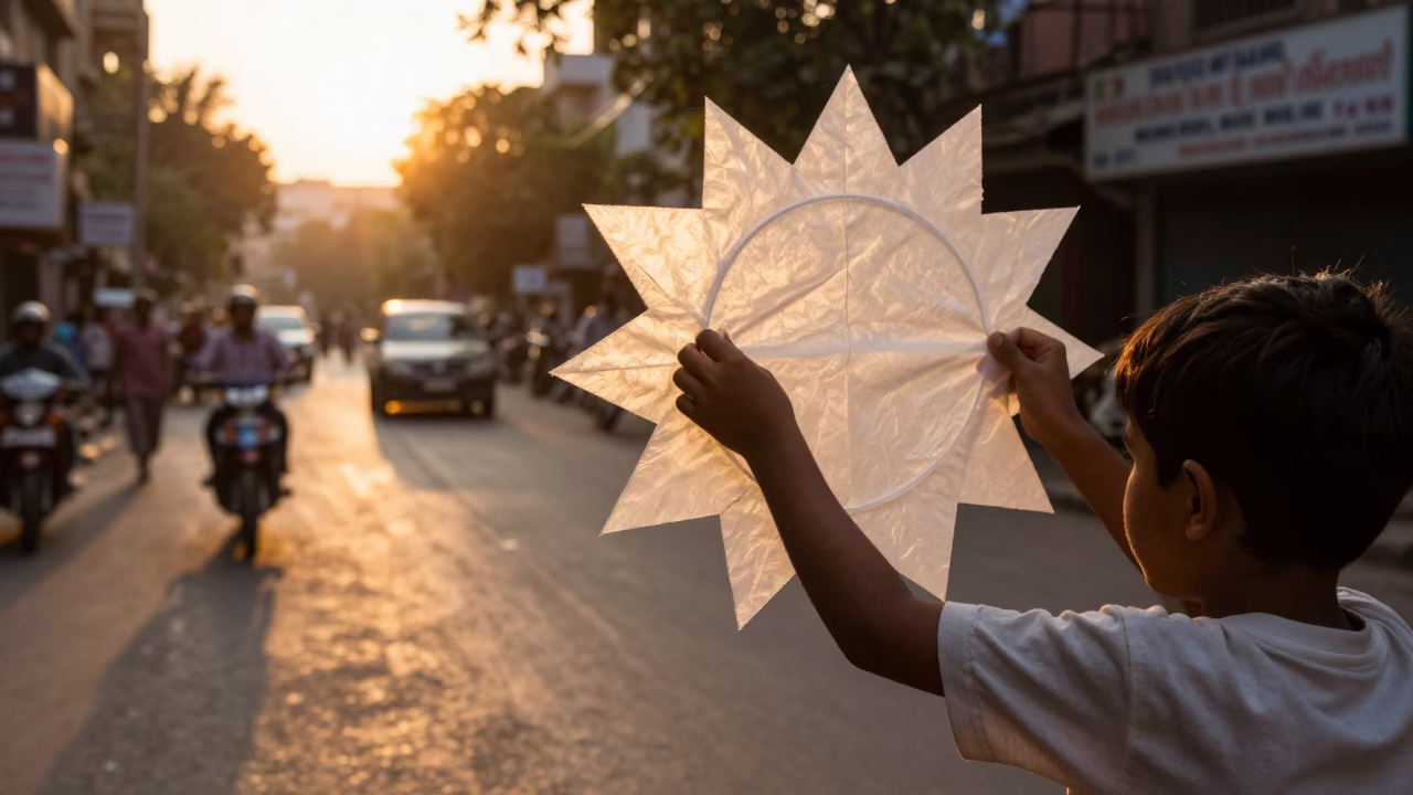 Delhi Sunset Street Scene with Child and Tissue Paper Suns in in Delhi, India
