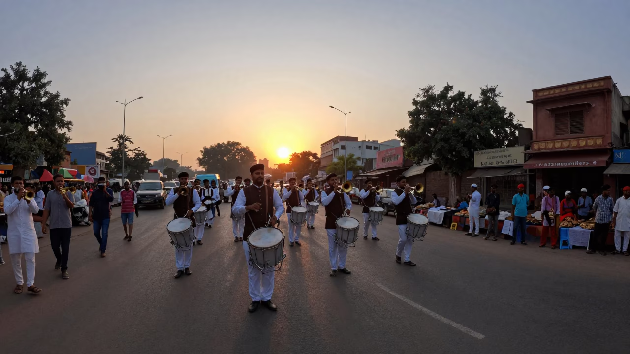 Delhi Sunset Street Scene with Drum Major Leading Band and Canisters in in Delhi, India