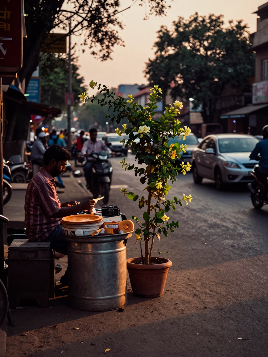 Delhi Sunset Street Scene with Flowering Plant and Cool Water Jug in in Delhi, India