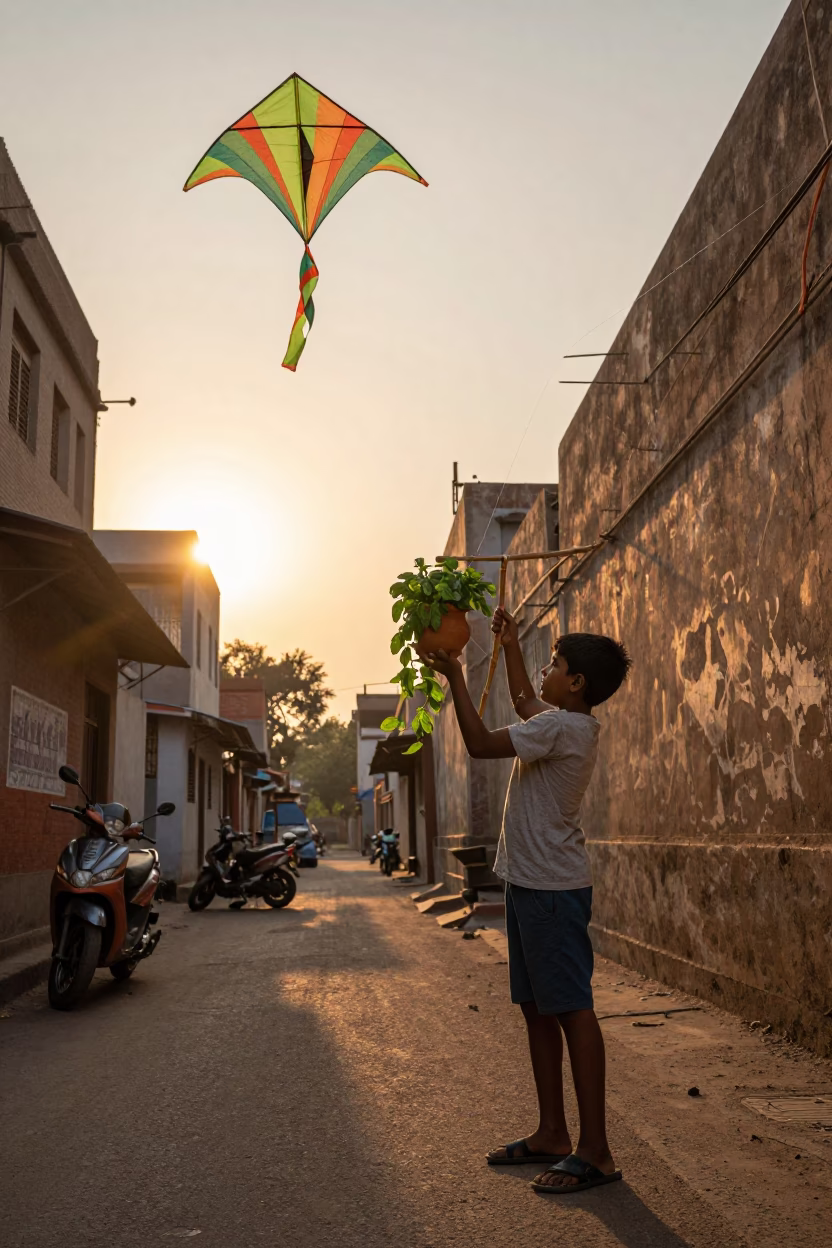 Delhi Sunset Street Scene with Kite Flying and Basil Leaves in in Delhi, India