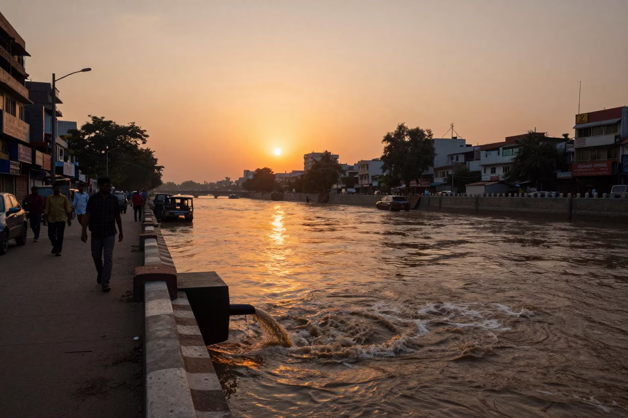 Delhi Sunset Street Scene with River Drainage and Urban Life in in Delhi, India