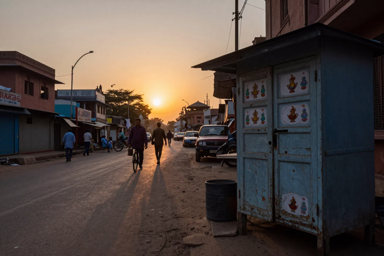 Delhi Sunset Street Scene with Traditional Tea Stains and Urban Elements in in Delhi, India