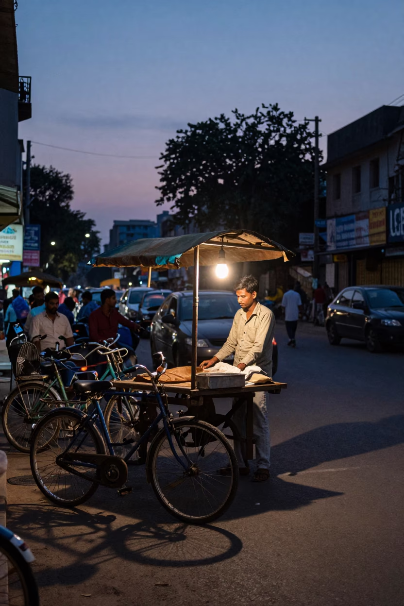 Delhi Twilight Street Scene with Colorful Bicycles and Urban Life in in Delhi, India