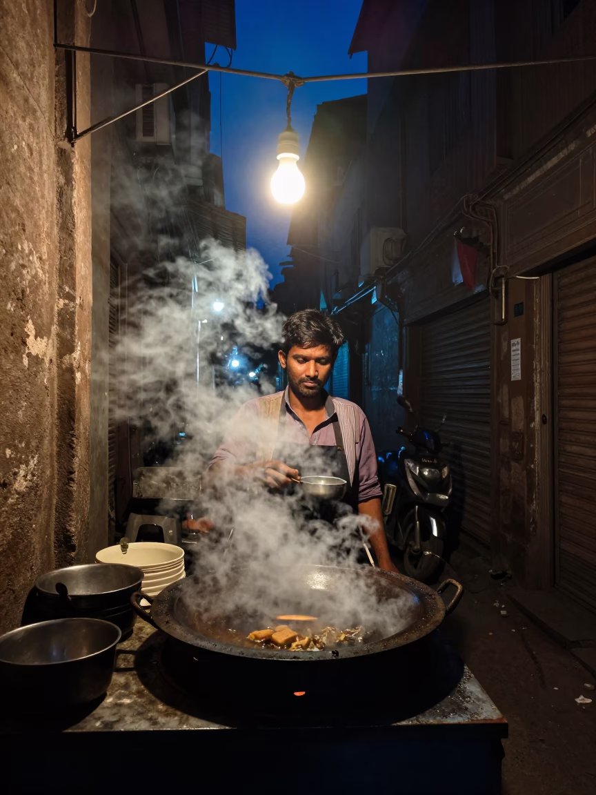 Delhi Vendor Cooking at The Deepest Night Sky Light in in Delhi, India