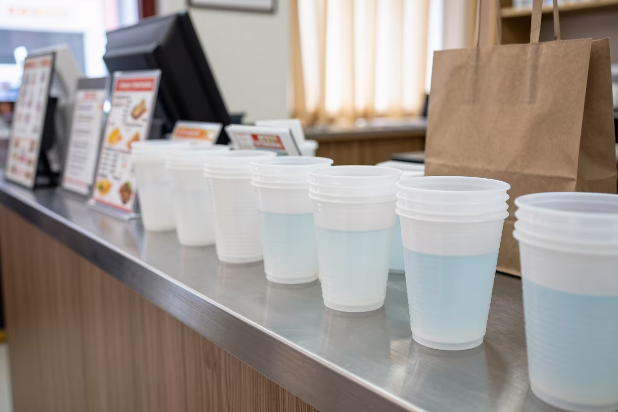 Deli Order Cup on Store Counter Midday Light in inside a storefront prepared for opening near Çerkezköy district