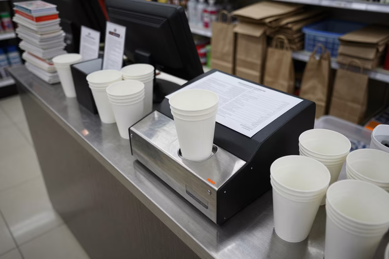 Deli Order Cup on Grocery Counter Jhelum in at a cash wrap counter with bags stacked nearby in Jhelum
