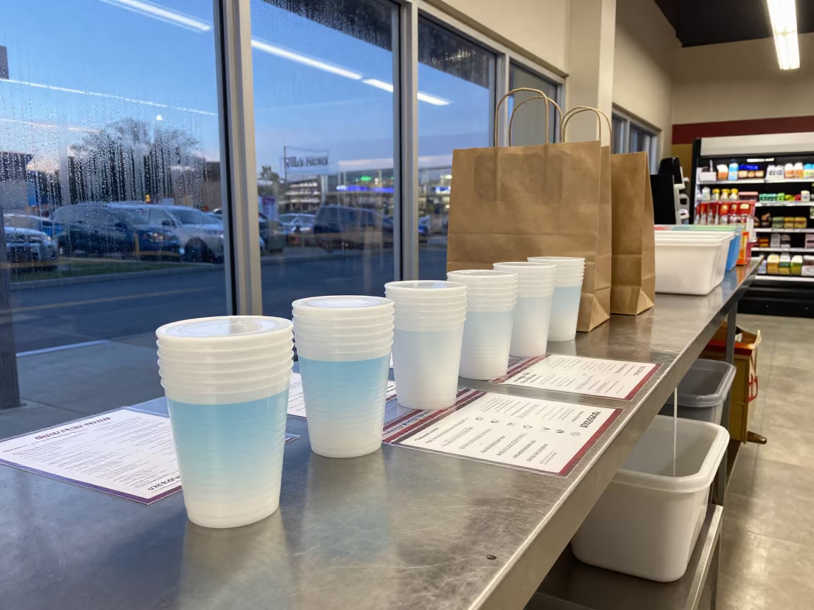 Deli Order Cup Under Neon Grocery Light in at a checkout lane under flat store light in Villa Nueva