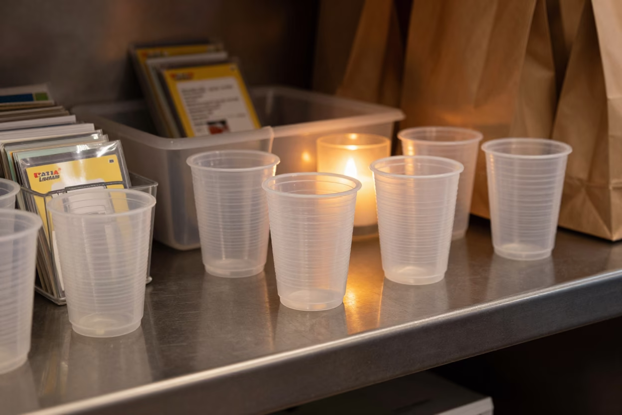 Deli Order Cup on Stockroom Counter in inside a stockroom behind the sales floor in Catia La Mar