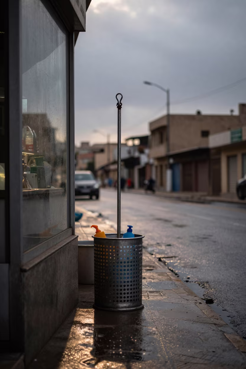 Deli Polish Caddy Twilight Cairo Storefront in along a storefront glass line on a wet street in Downtown, Cairo