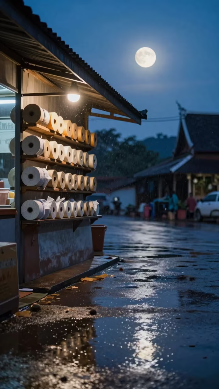 Deli Shelf Under Moonlight Battambang Rain in beneath a shop awning at blue hour near Battambang