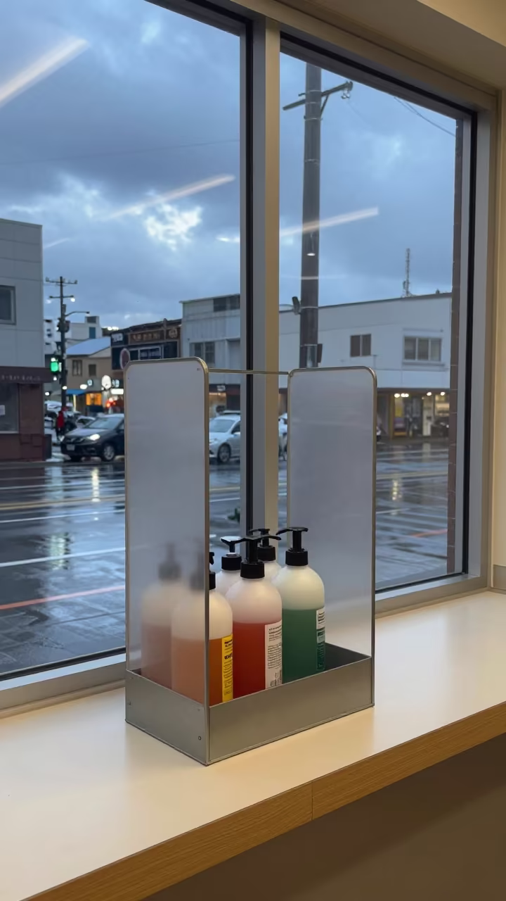 Deli Sneeze Guard Polish Caddy Wet Winter Street in along a storefront glass line on a wet street in Kobe