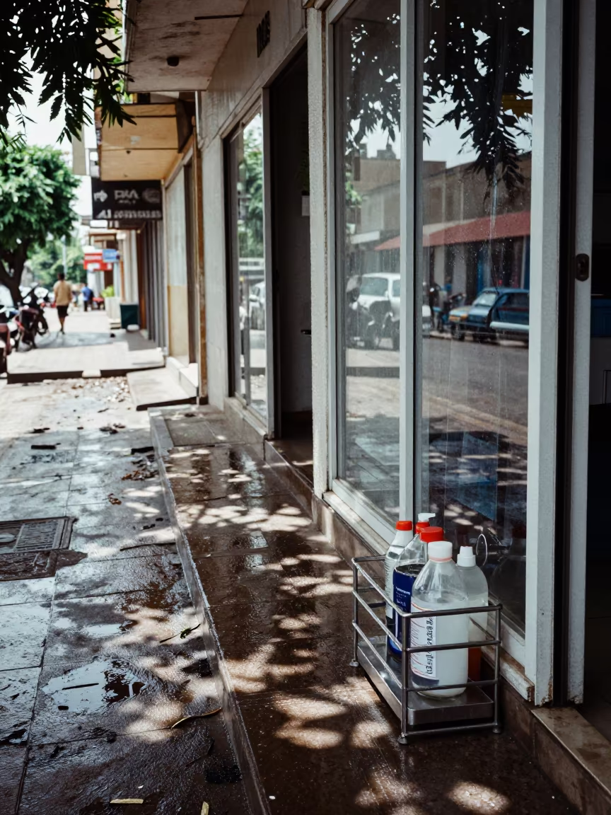 Deli Sneeze Guard Polish on Wet N'Djamena Street in along a storefront glass line on a wet street near N'Djamena