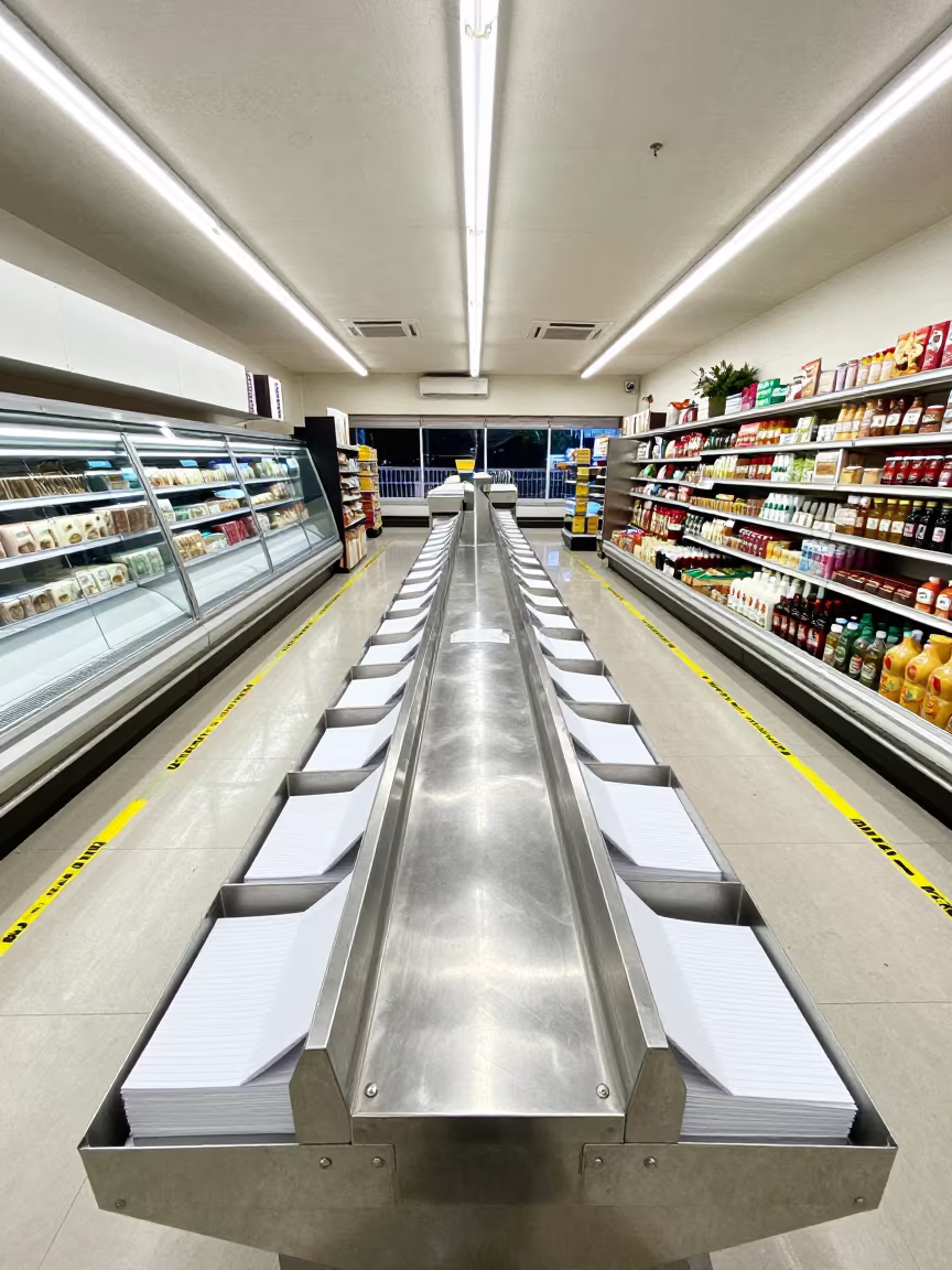 Deli Ticket Rail Before Opening in Les Cayes in inside a bright retail aisle in Les Cayes