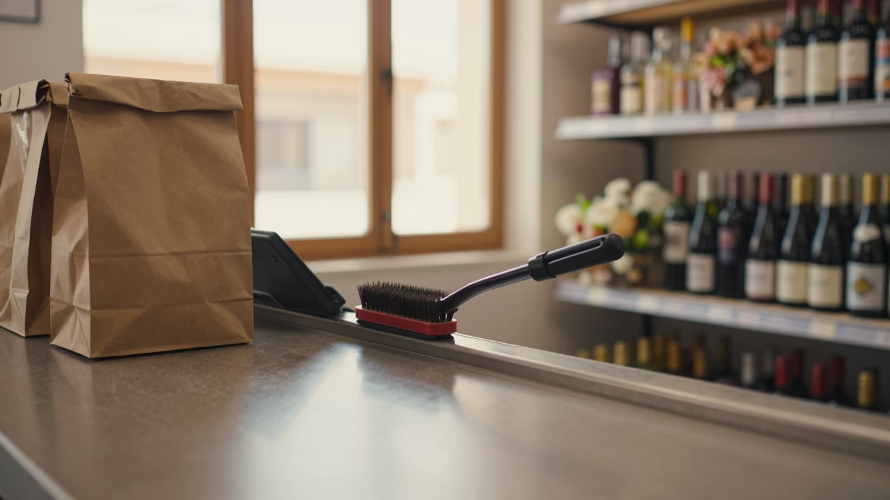 Deli Ticket Rail Brush in Honeyed Evening Light in at a cash wrap counter with bags stacked nearby in Zinder