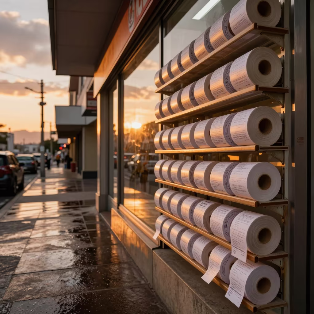 Deli Ticket Roll Shelf on Wet Cerro Artilleria Street in along a storefront glass line on a wet street in Cerro Artilleria, Valparaiso