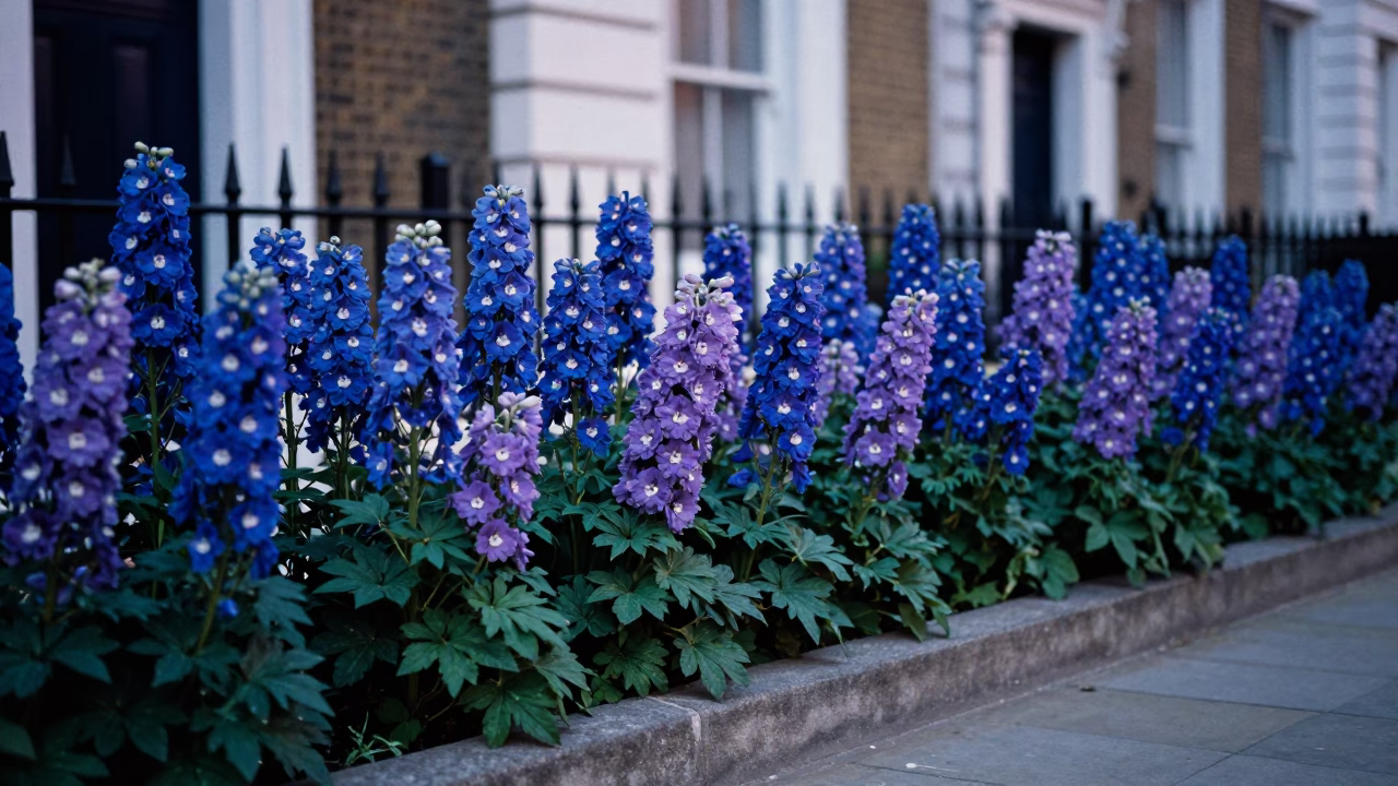 Delphinium Border in London at The Early Evening Light in in London, United Kingdom