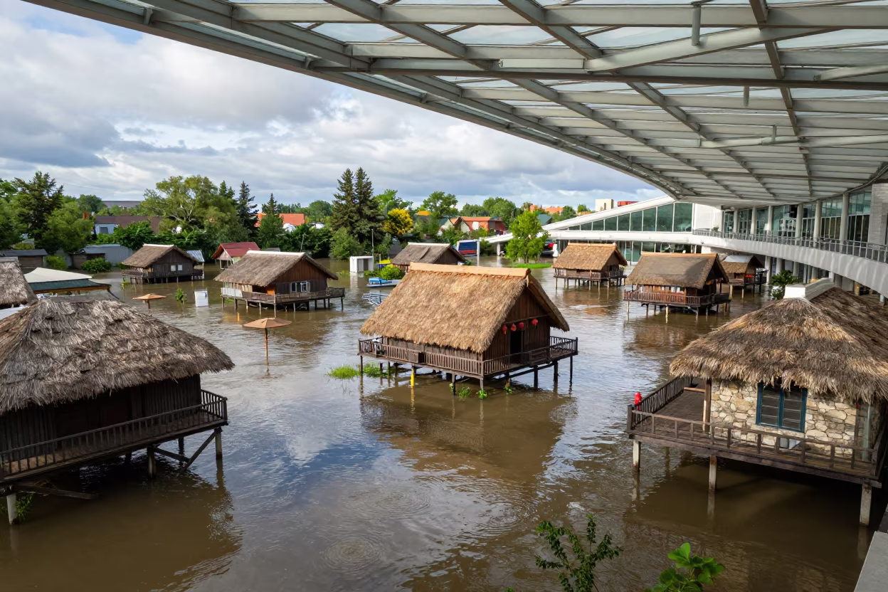 Delta Village on Stilts Inside Montreal Skylit Passage in inside a skylit passageway in Montreal