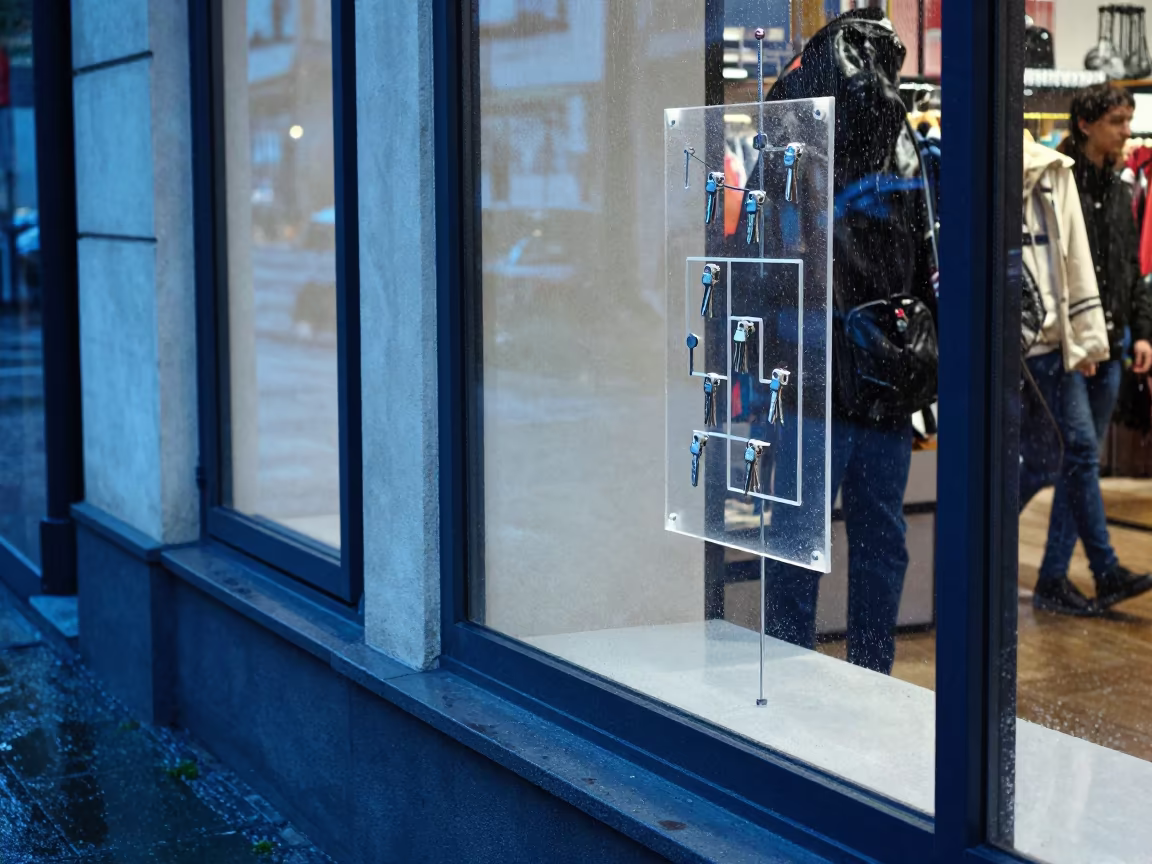 Demo Key Tray Storefront Reflections Wet Street in along a storefront glass line on a wet street near Łódź