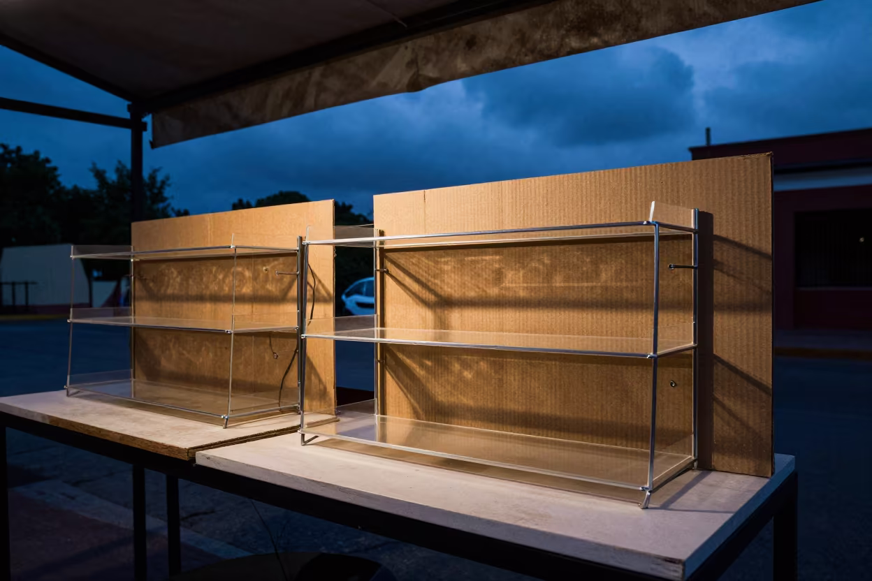 Demo Key Tray Under Storefront Blue Hour in beneath a shop awning at blue hour in Morelia