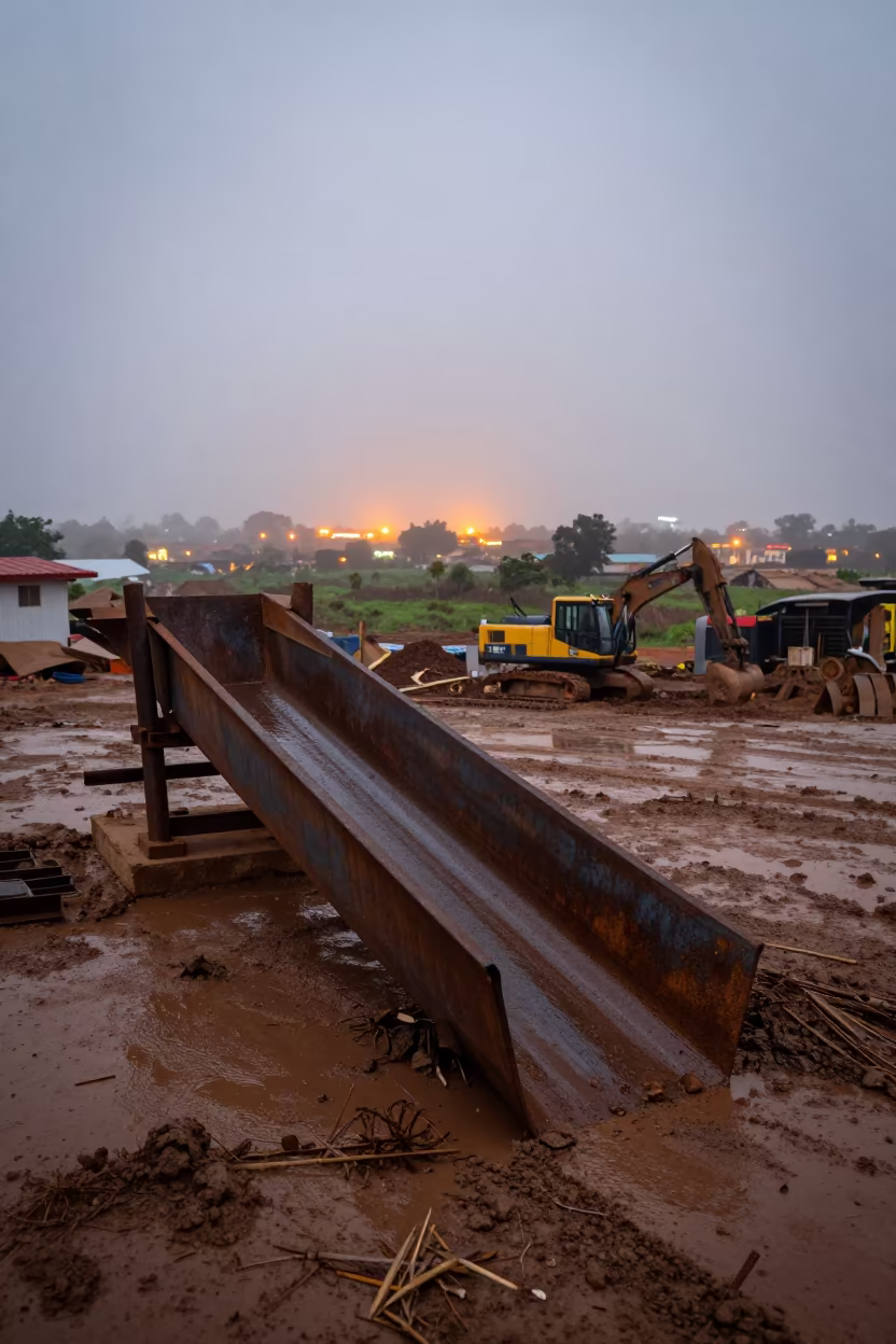 Demolition Chute Mouth Senegal Wet Season Mist in at a muddy site access road in Senegal