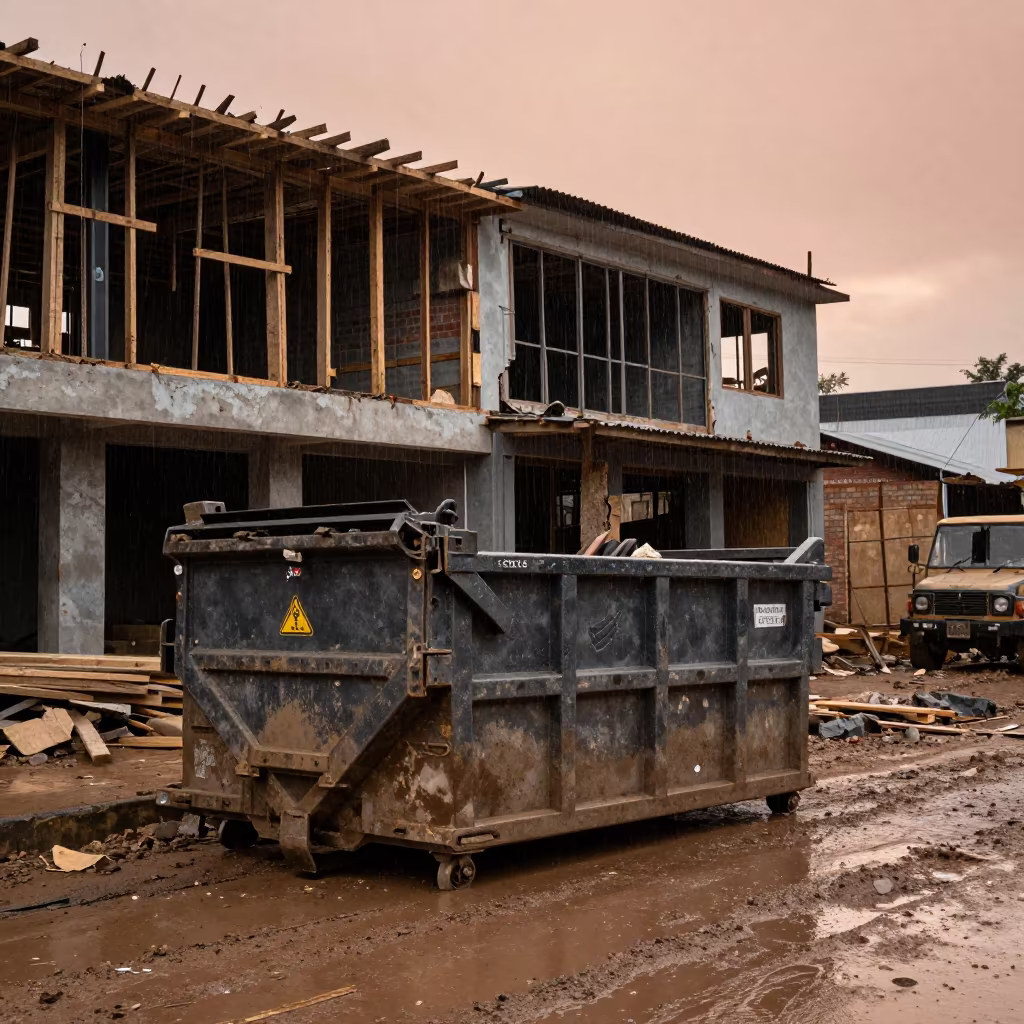 Demolition Dumpster Before Dusk in CAR in at a muddy site access road in Central African Republic
