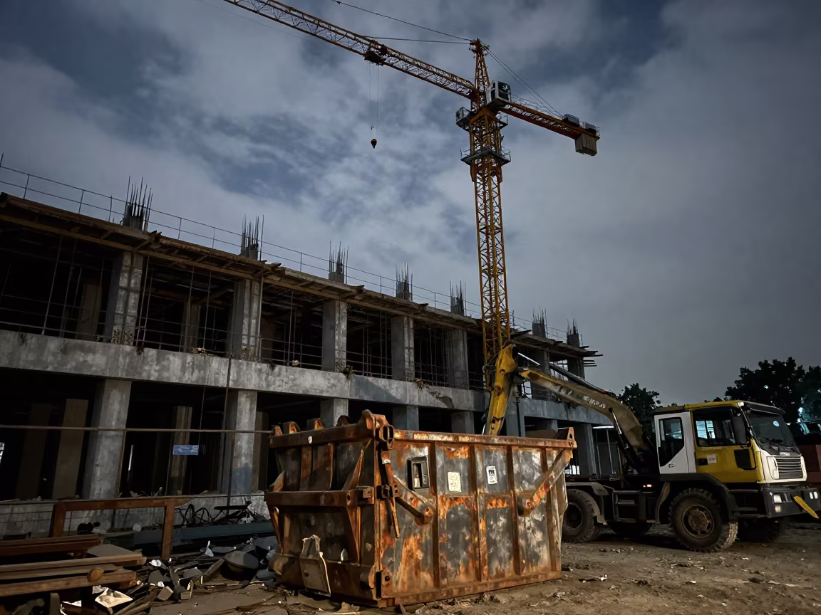 Demolition Dumpster Beneath Gutted Storefront in beneath a tower crane on open ground in Ahmedabad